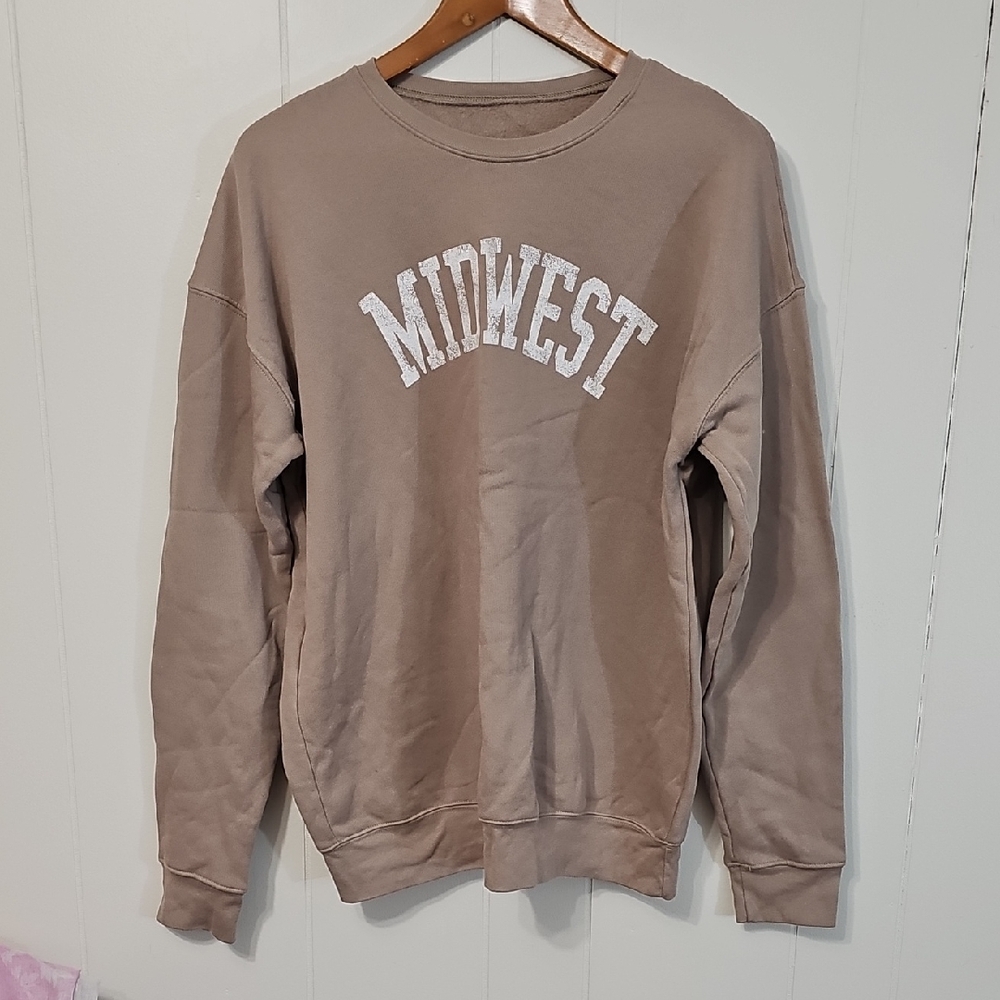 Bella & Canvas Midwest Tan Sweatshirt Womens Sz L Crew Neck Collegiate Casual
